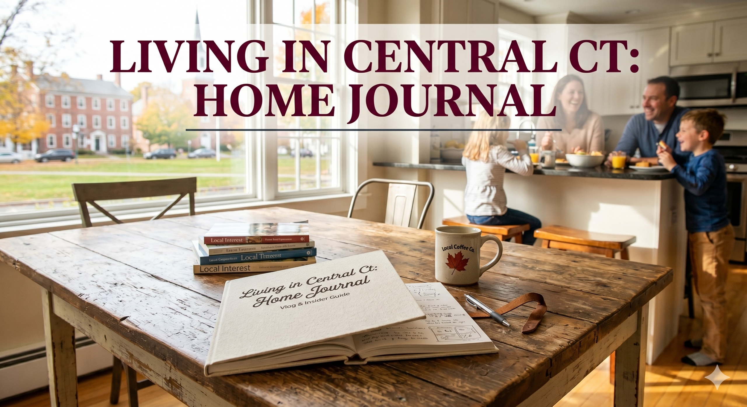 Living in Central CT Home Journal vlog header featuring a cozy New England home interior and local neighborhood view