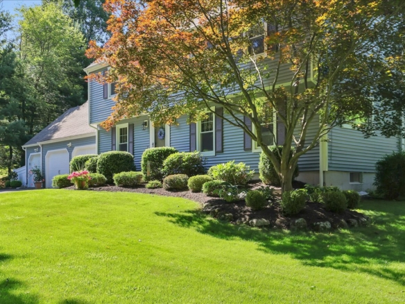 A side-angle view of a colonial home showing a expansive green lawn and a prominent Japanese maple tree, with the three-car garage visible.