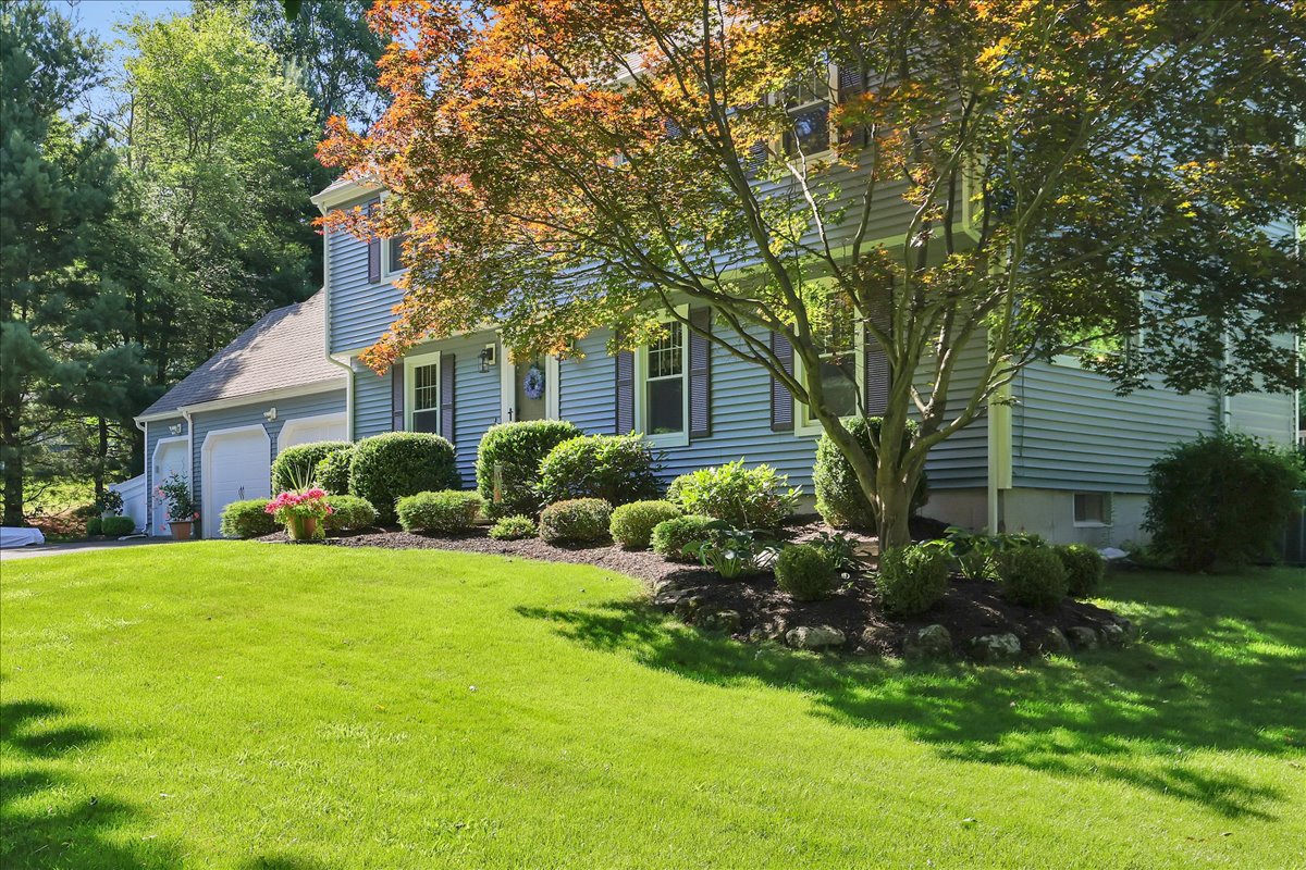 A side-angle view of a colonial home showing a expansive green lawn and a prominent Japanese maple tree, with the three-car garage visible.