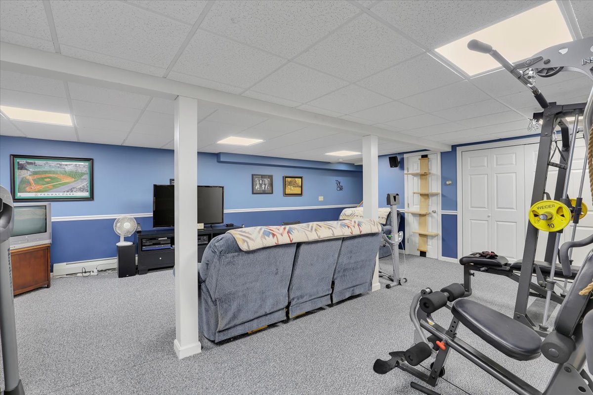 A finished basement recreation room with blue walls, a game area with a TV and sofa, exercise equipment, and a separate storage closet.