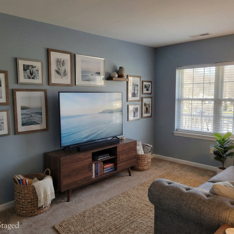 Virtually staged living room with a large TV on a walnut console, a gallery wall of framed photos, and a window with white blinds.