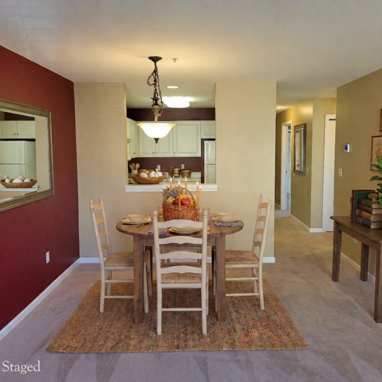 Virtually staged dining area featuring a deep red accent wall with a large mirror, a wooden dining set, and a gallery wall.