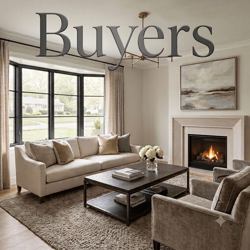 Sophisticated living room interior with fireplace and bay window, representing professional real estate services for home buyers in Central Connecticut.