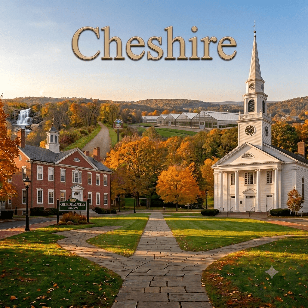 A professional graphic of Cheshire, Connecticut landmarks featuring the white First Congregational Church steeple, the red brick Cheshire Academy campus, and commercial greenhouses set against autumn foliage.