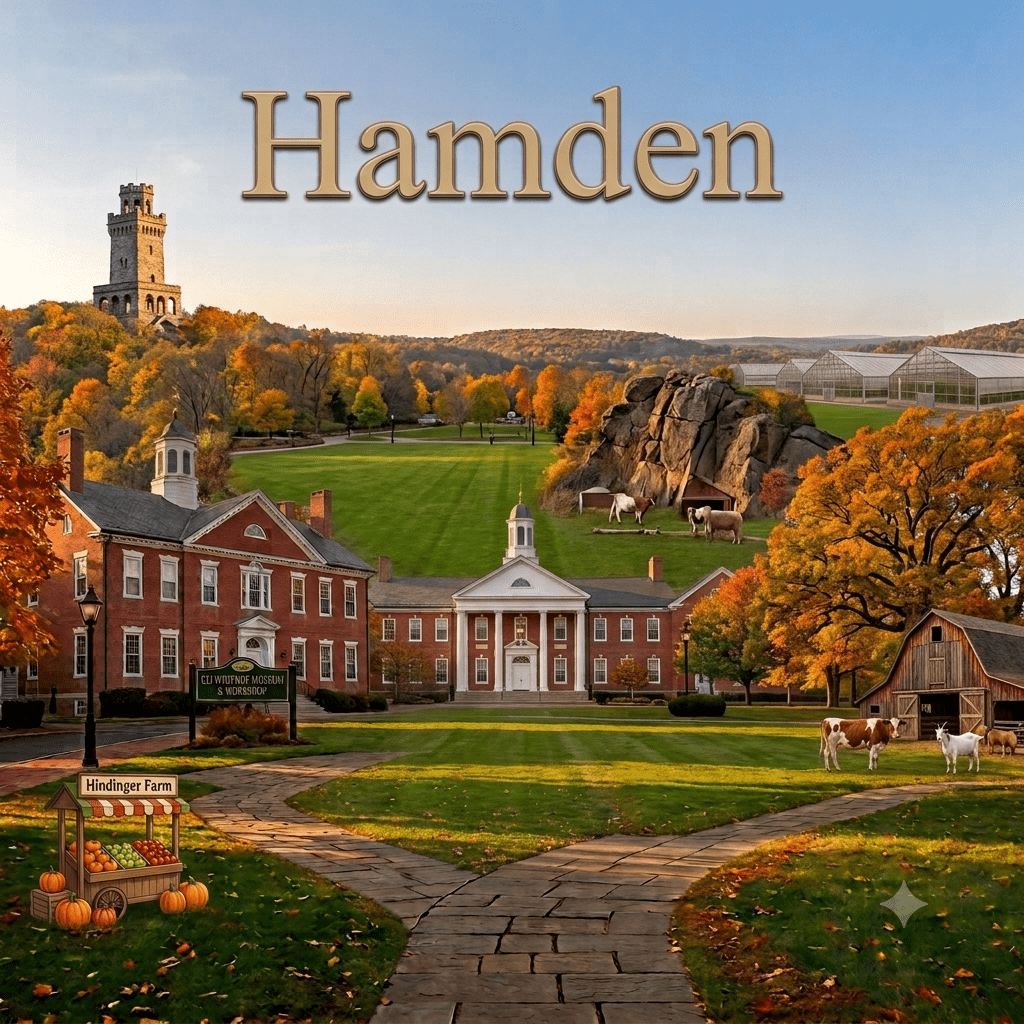 A digital graphic of Hamden, Connecticut attractions highlighting the Sleeping Giant stone observation tower on a hill, the brick quad of Quinnipiac University, and a rustic farm scene.