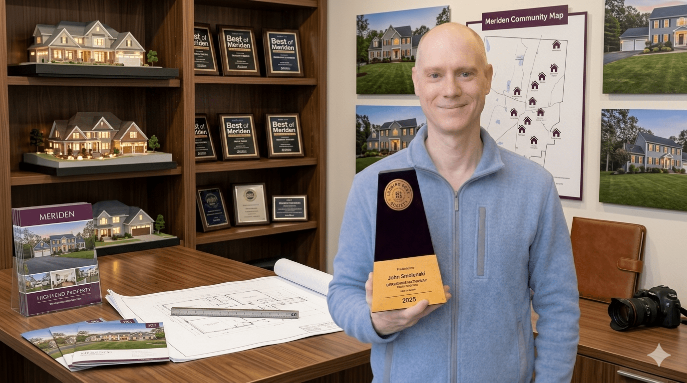 John Smolenski holding a 2025 Berkshire Hathaway HomeServices Leading Edge Society award in a professional office featuring a luxury home staging area.