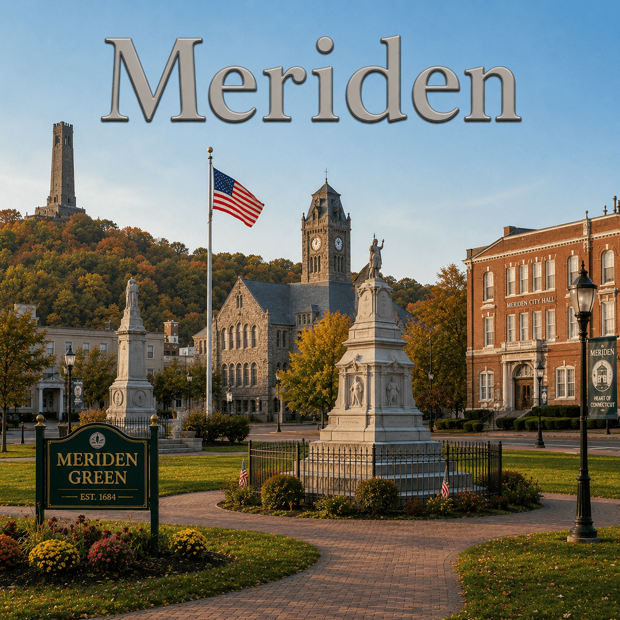 A scenic collage view of Meriden, Connecticut, featuring top local landmarks, historical sites, and the city green.