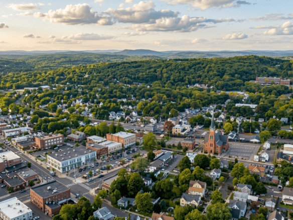 Scenic aerial drone view of downtown Wallingford, Connecticut, showing historic brick architecture, a central green, and a winding river under a clear blue sky, capturing the town's charming New England character.