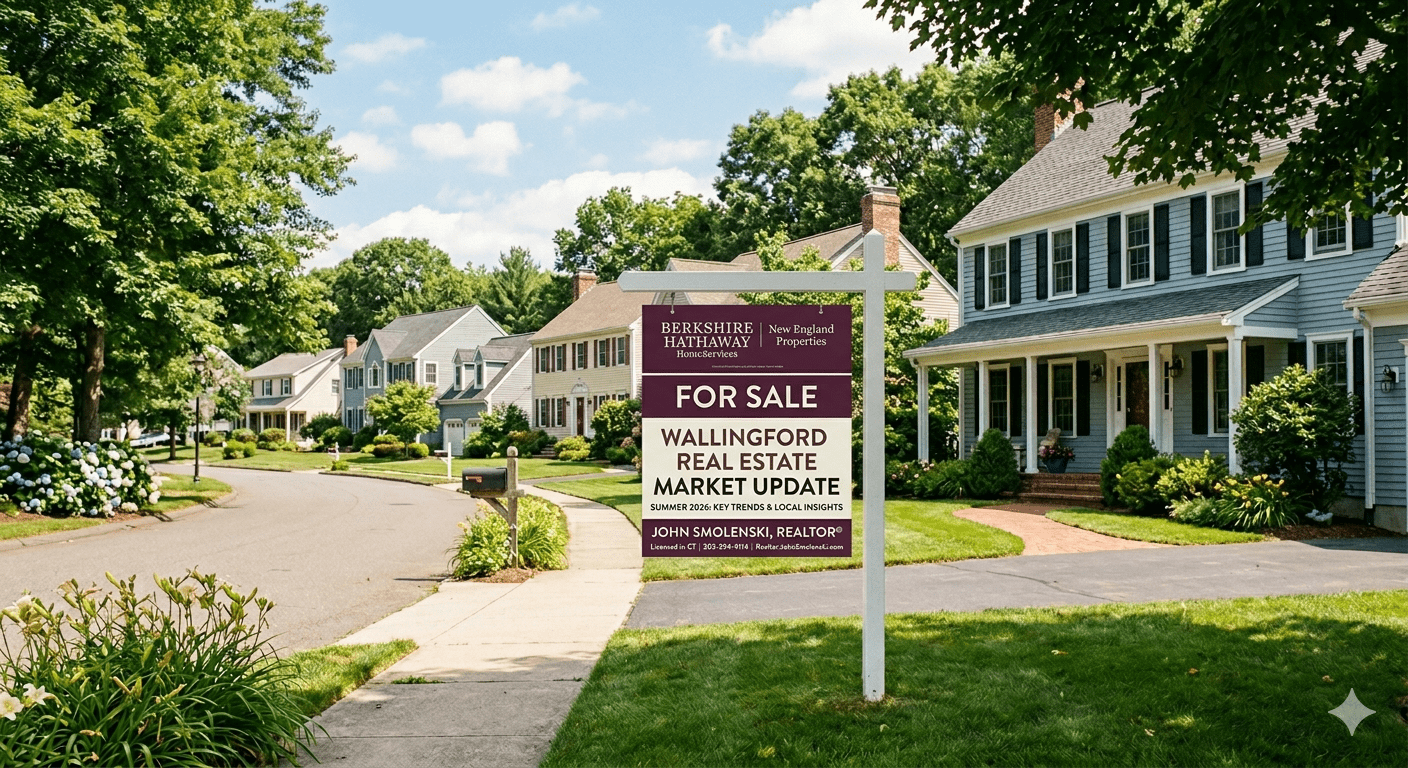 "Exterior of a suburban home on a sunny day in Wallingford, CT for a summer 2026 real estate market update.