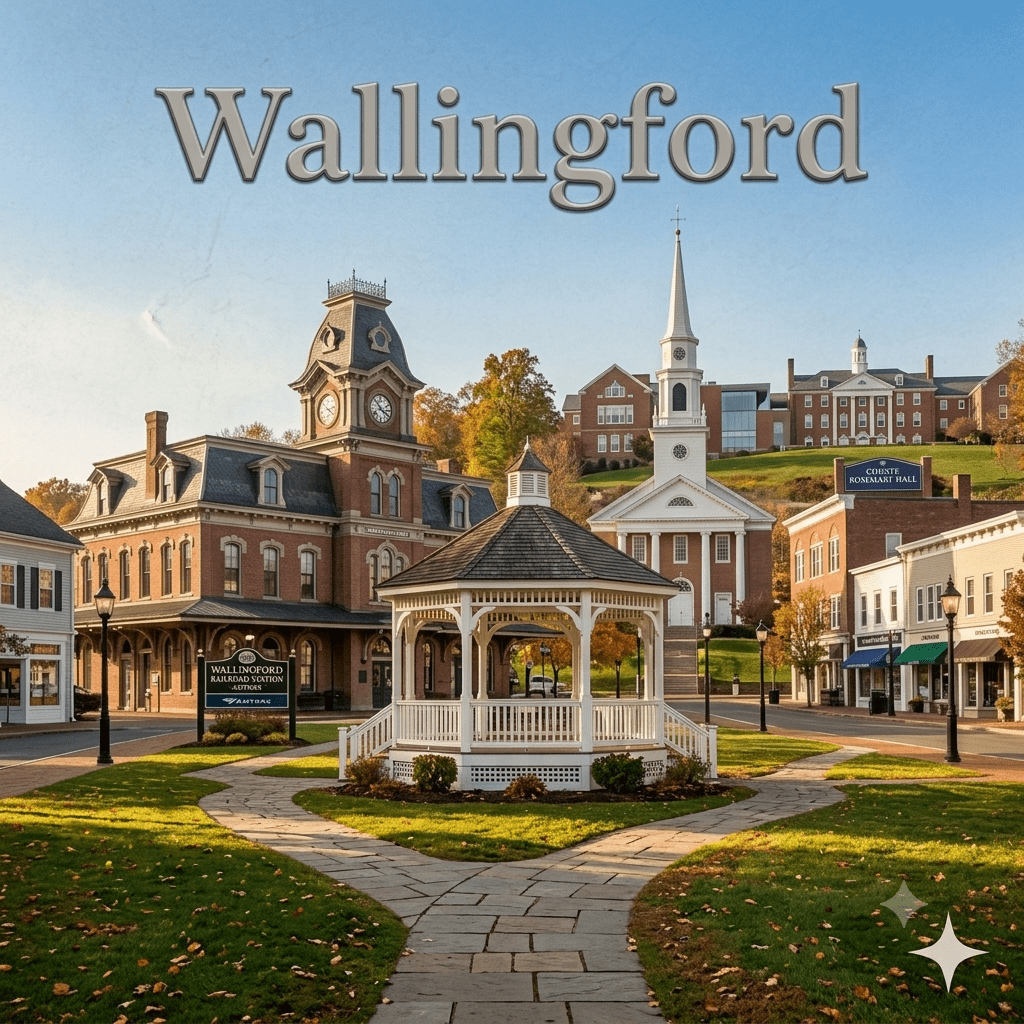A collage-style landscape of historic Wallingford, Connecticut landmarks including the Victorian-era railroad station clock tower, a white town green gazebo, and a classic New England church steeple under a bright blue sky.