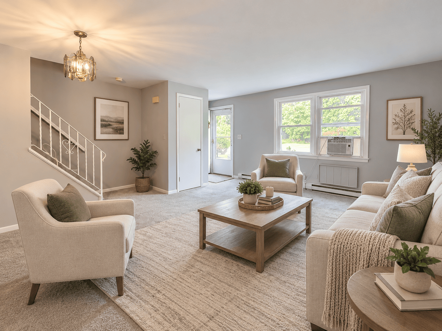 Bright living room at 488 Radmere Road in Cheshire CT with large windows, neutral carpeting and spacious seating area.