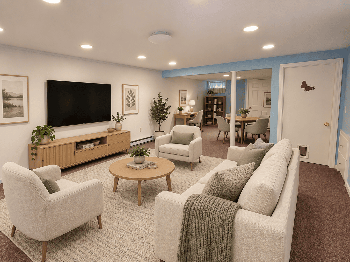 Finished lower-level living space at 488 Radmere Road in Cheshire CT with seating, TV area, dining space and home office area.