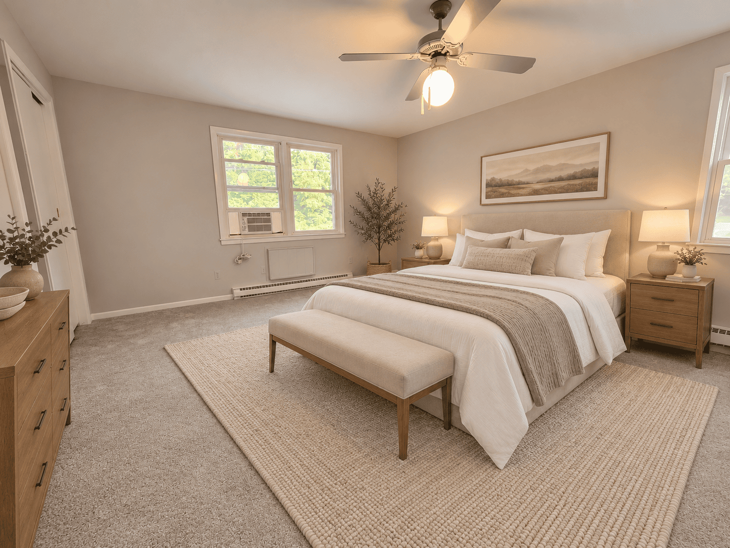 Spacious primary bedroom at 488 Radmere Road in Cheshire CT with neutral carpeting, large bed and natural light.