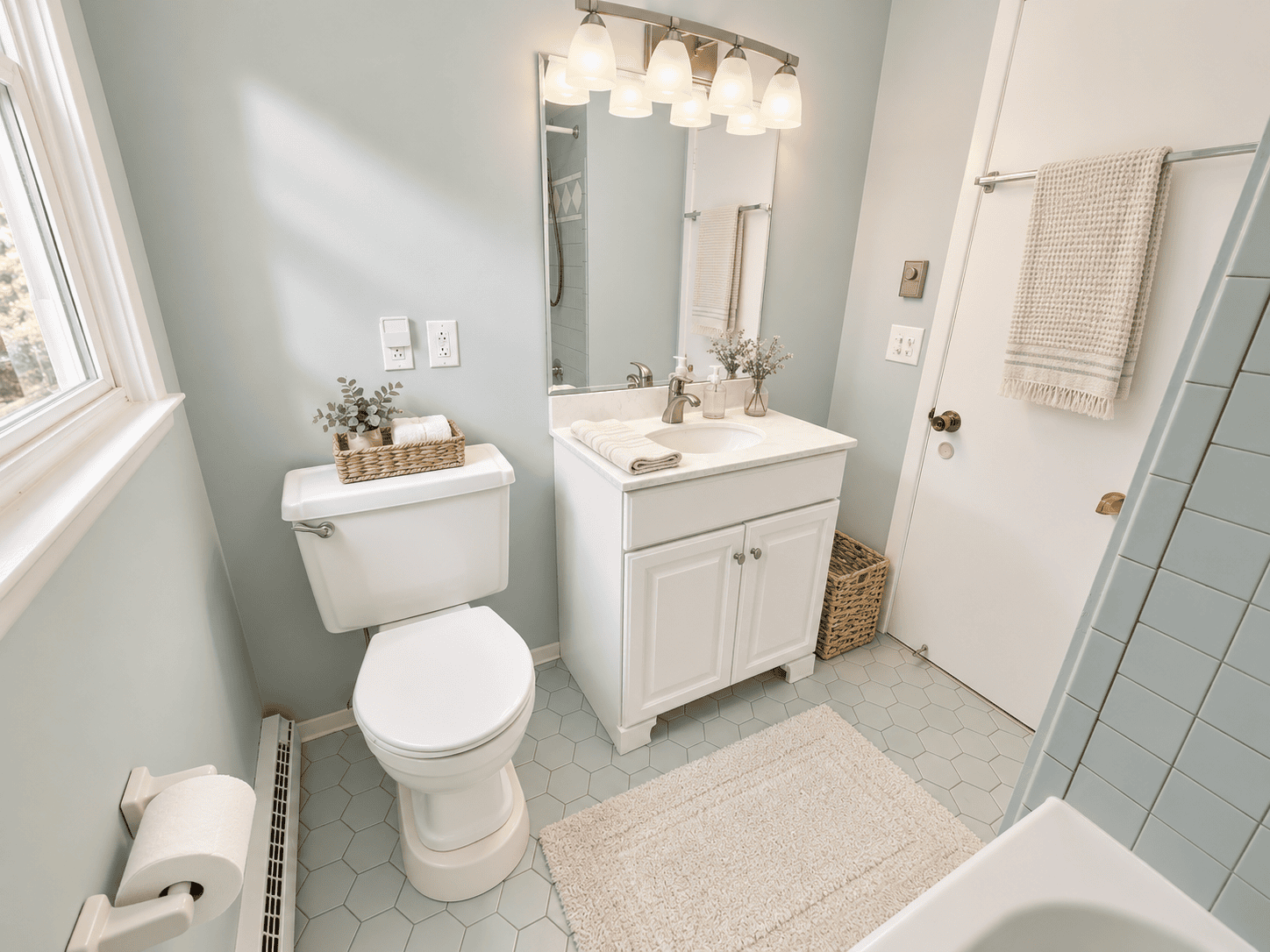 Full bathroom at 488 Radmere Road in Cheshire CT with white vanity, tub and shower, blue tile and natural light.