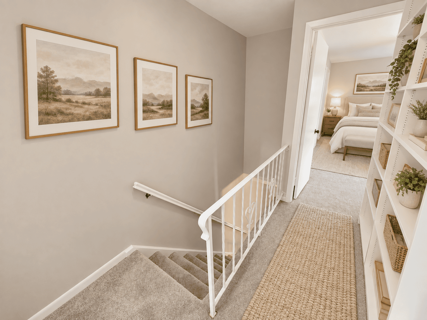 Upstairs hallway at 488 Radmere Road in Cheshire CT leading to the bedrooms with new carpeting and built-in shelving.