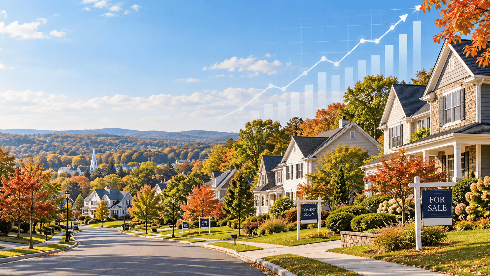 Scenic sunset view of a Central Connecticut neighborhood with single-family homes, tree-lined streets, and a town skyline, illustrating the changing Connecticut real estate market.