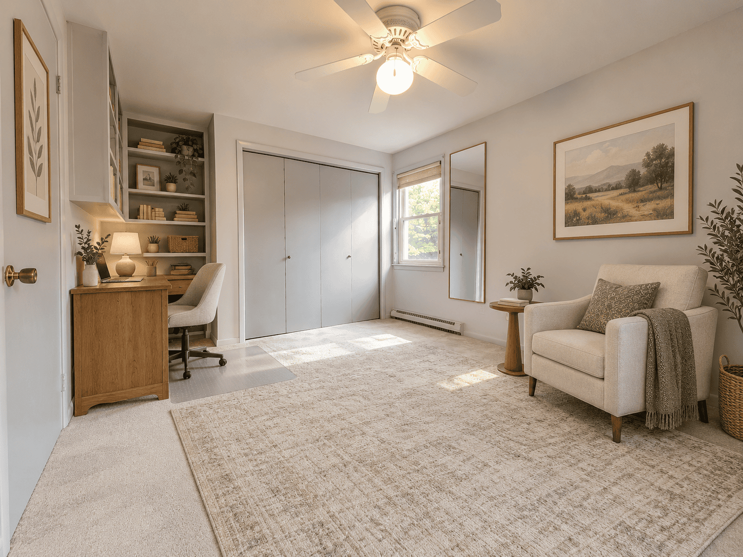 Second bedroom at 488 Radmere Road in Cheshire CT staged as a home office with closet, window and built-in shelving.