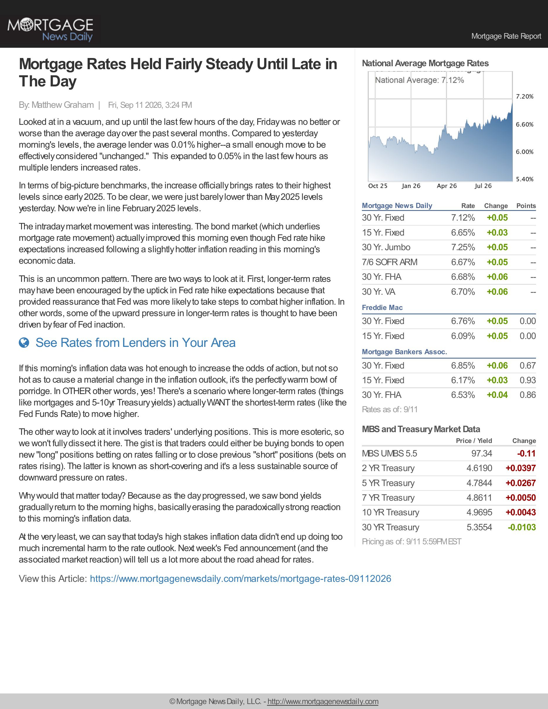 September 2026 mortgage rate report showing 30-year fixed mortgage rates above 7 percent and recent national rate trends